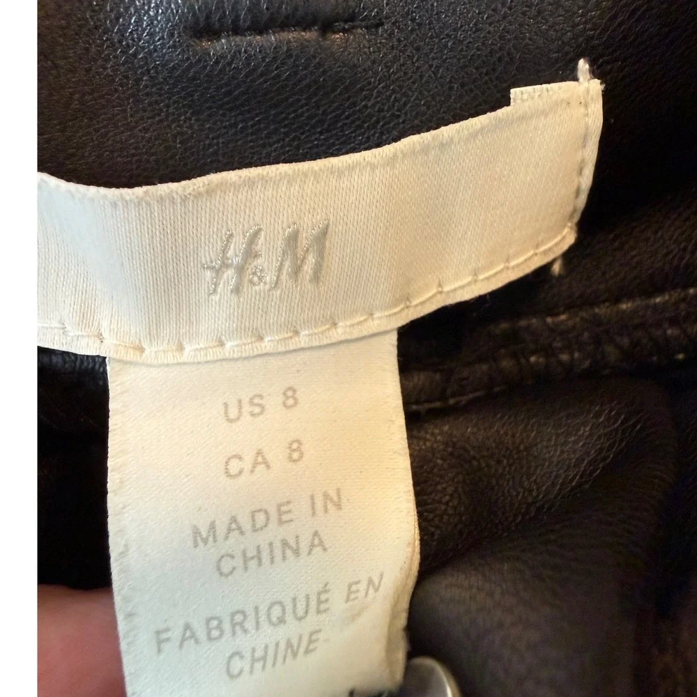 H&M Black Faux Leather Paperbag Waist Belted Tapered Pants Womens Size 8 Vegan